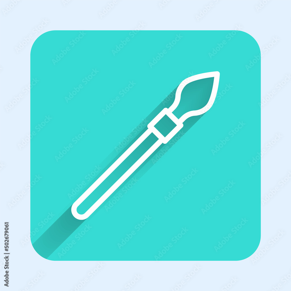 Poster white line medieval spear icon isolated with long shadow background. medieval weapon. green square b