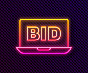 Glowing neon line Online auction icon isolated on black background. Bid sign. Auction bidding. Sale and buyers. Vector