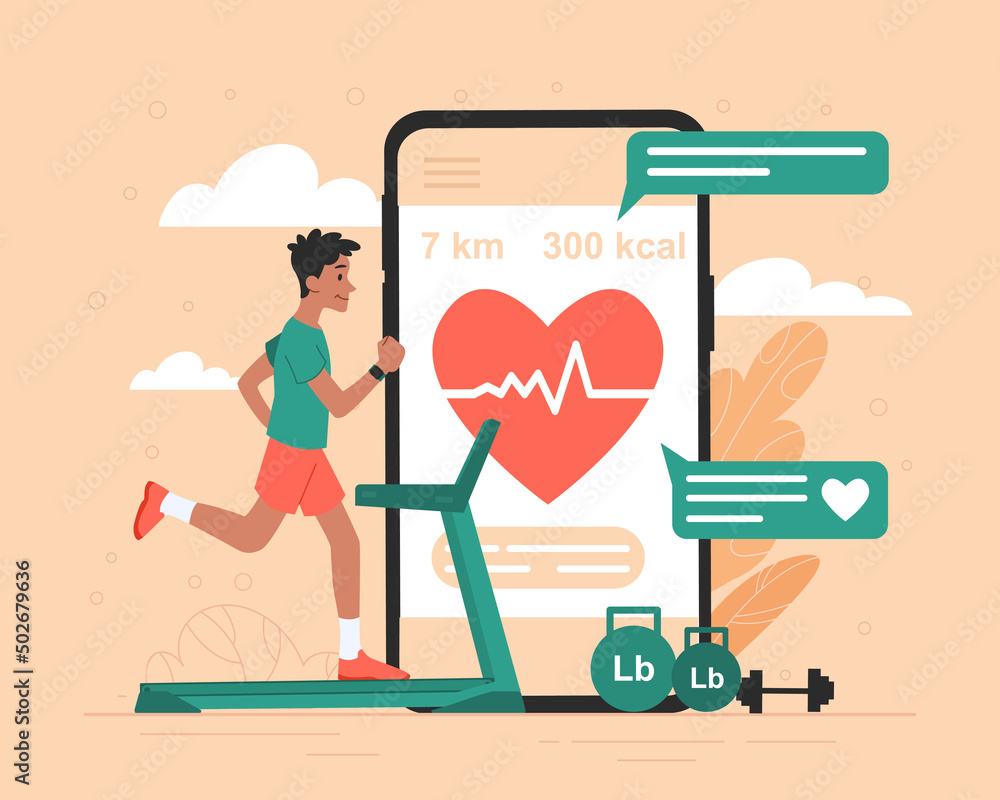 Aufkleber training app concept. man runs on treadmill next to large smartphone with health indicators, pulse a