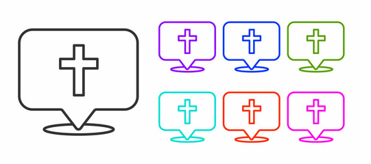 Black line Map pin church building icon isolated on white background. Christian Church. Religion of church. Set icons colorful. Vector