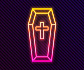 Glowing neon line Coffin with christian cross icon isolated on black background. Happy Halloween party. Vector