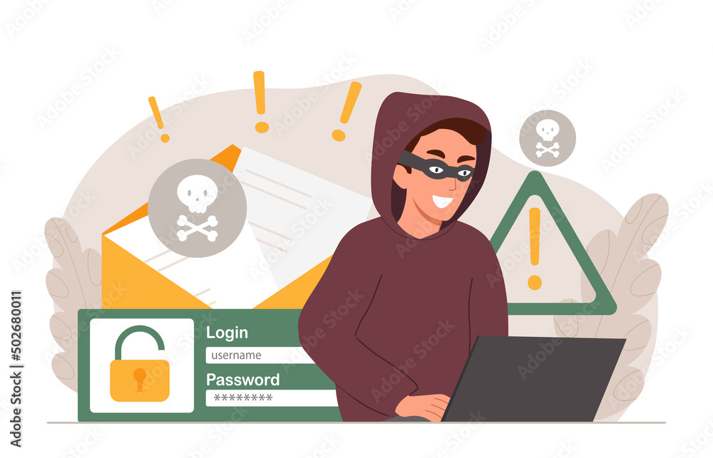 Poster hacker at laptop. modern technologies and digital world. character enters login and password, author