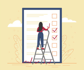 Woman ticks checkmark. Young girl notes accomplished goals, responsible employee and time management. Leadership and motivation, development. Completed project. Cartoon flat vector illustration