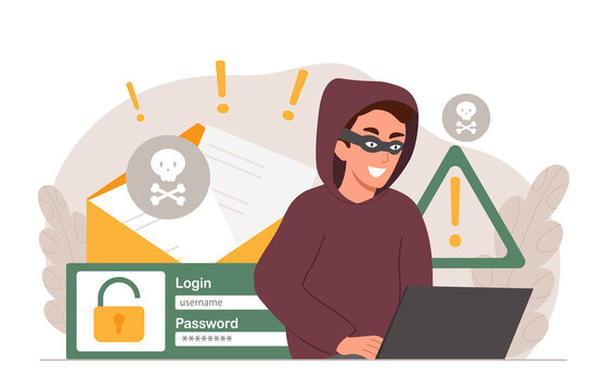 Hacker at laptop. Modern technologies and digital world. Character enters login and password, authorization and identification, danger on Internet, fraud concept. Cartoon flat vector illustration