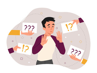 Confused man concept. Character next to question marks. Mental impasse and uncertainty, frustration. Guy does not know answer to question, person search solution. Cartoon flat vector illustration