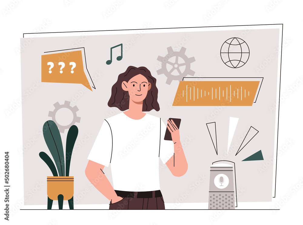 Poster voice assistant concept. young girl gives commands to phone, remote control of gadget or device. mod