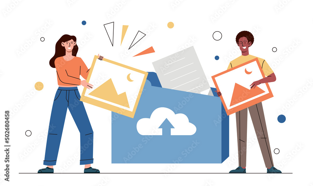 Poster upload photo concept. man and girl throw image into folder with files, modern technology and digital