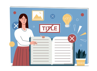 Title creation mistake. Young girl analyzes text of book, editor proofreads work of author. Work on history, creative personality and literary publishing house. Cartoon flat vector illustration