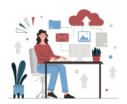 Uploading files concept. Girl from computer sends information to her colleague. Modern technologies and digital world. Remote employee, coworker or freelancer. Cartoon flat vector illustration