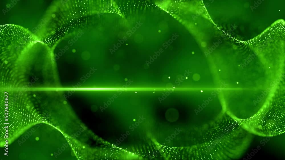 Poster abstract motion view green shiny digital space blurry focus plasma wave dotted lines with cloudy haz