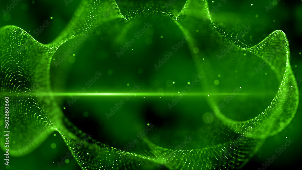 Poster abstract green shiny digital space blurry focus plasma wave dotted lines with cloudy hazy sparkle du