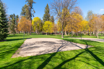 A sand volleyball court in the public city park in downtown Coeur d'Alene, Idaho USA at spring