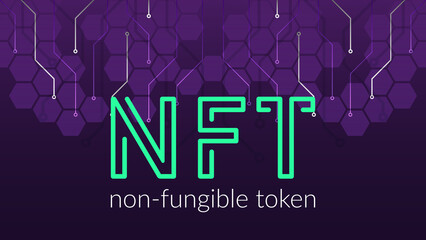 NFT concept, blockchain technology, cryptocurrency. Non-fungible token Work. Futuristic background, with elements in techno style microchips. Banner template design for web. Copyspace.