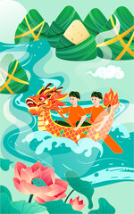 Dragon boat race in the river on the Dragon Boat Festival with lotus flowers and zongzi in the background, vector illustration