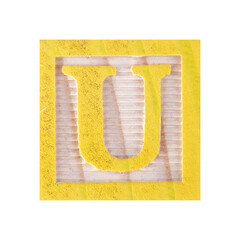 Letter U childs wood block on white with clipping path