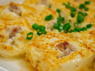 Close up shot of fried stuffed tofu