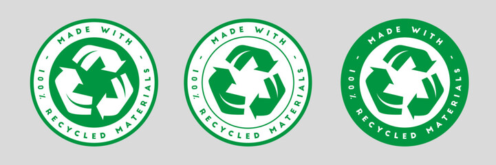 Made with 100% recycled materials label. Recycling icons with legend of made with 100% recycled materials. Made whit 100% recycled materials. vector without background.