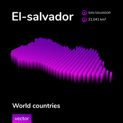El-salvador 3D map. Vector digital neon isometric striped map is in violet colors on black background. Geographical poster, banner of El-salvador