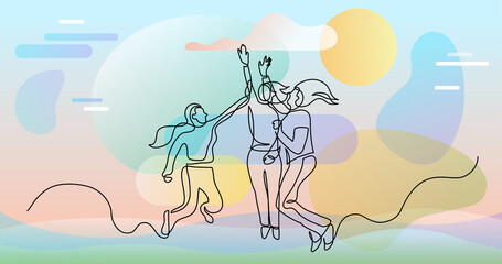 Fototapeta na wymiar continuous line drawing of group of happy women jumping giving high five