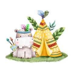 Watercolor Cute Hippo Safari Tribal Animals Illustration 