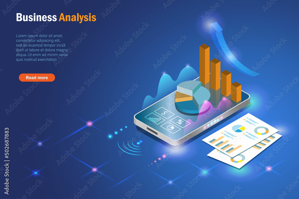 Poster business analysis with data report. smartphone app analysing growth graph sales report in 3d. innova