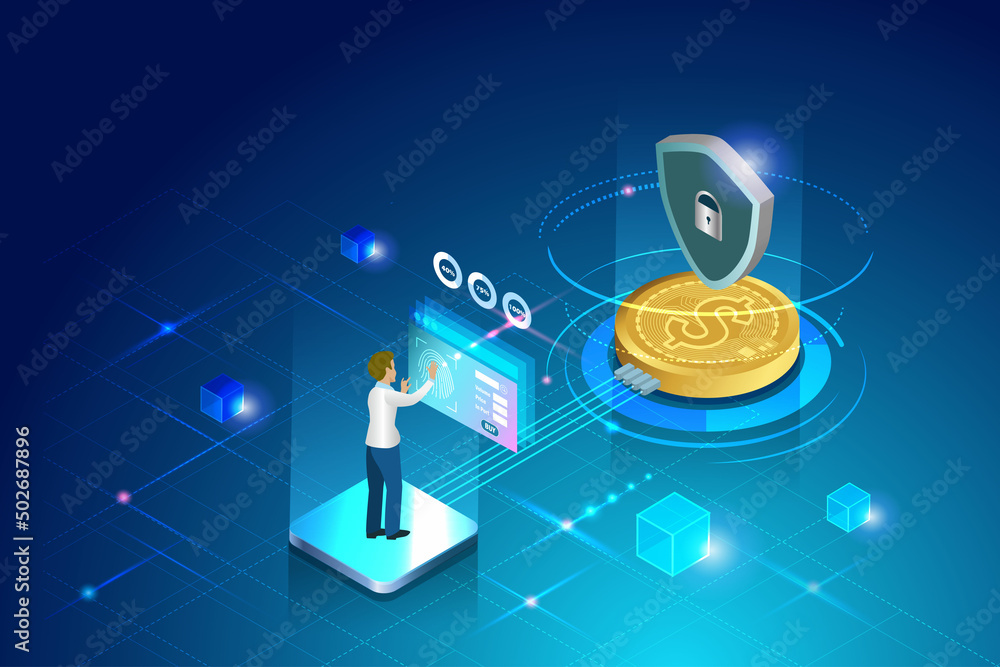 Poster cyber security, biometric security to access financial transaction. businessman use fingerprint scan