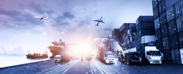 World map with logistic network distribution on background. Logistic and transport concept in front Container Cargo freight ship for Concept of fast or instant shipping, Online goods orders worldwide