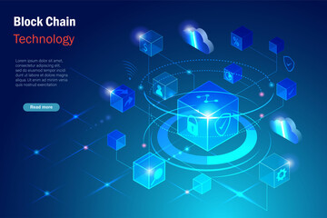 Block chain technology connecting digital cube to big data and cloud computing visualization, online exchange  and transfer security business information in futuristic background.