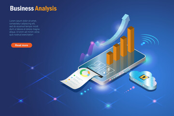 Business analysis with cloud computing. Smartphone app analysing growth graph sales report in 3D. Innovation technology for successful business, digital marketing and strategy planning in futuristic.