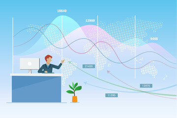 Businessman analysing business growth graph and financial investment chart at office desk. Business planning strategy, data statistics and broker stock market exchange concept.