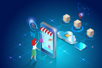 Woman online shopping on smartphone with smart delivery direct locate to warehouse storage. Global logistics network distribution, innovation transport technology in futuristic
