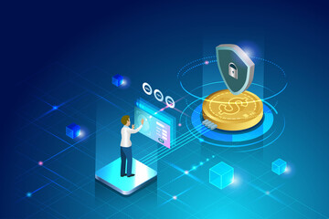 Cyber security, biometric security to access financial transaction. Businessman use fingerprint scanning online connect to investment platform global network connecting, financial technology.