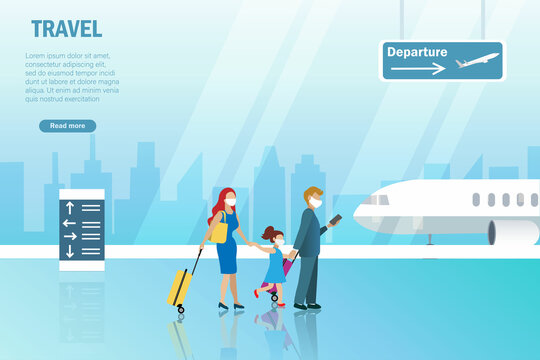 Family passengers at airport terminal wearing face mask, carrying luggages. Social distancing and prevention during COVID-19 pandemic. Safety travel on airplane concept.