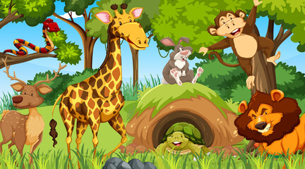 Obraz premium Wild animals cartoon characters in the forest scene