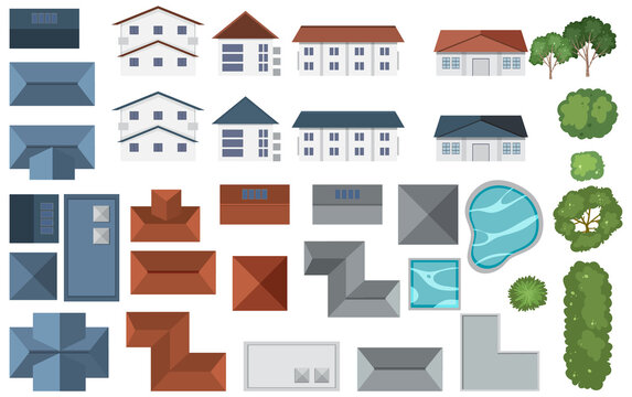 Set of aerial view houses and decor element