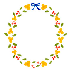 リボンがついた可愛い花のフレーム　水彩風のベクターイラスト