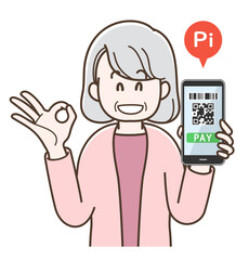 スマホ決済の説明をするシニア女性のイラスト