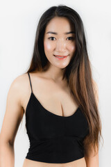 Sexy Asian woman in a black dress On white background