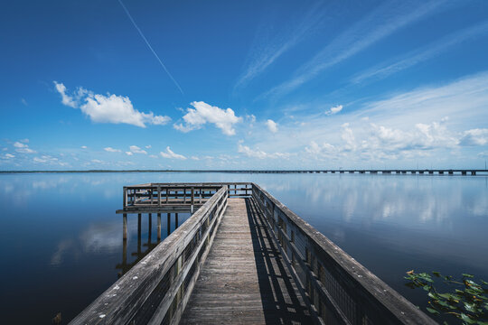 Fishing dock at Overlook Park on Lake Jesup in Winter Springs, a suburb of Orlando area in Florida