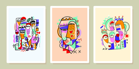 A set of abstract face portrait man,woman,person character vector illustration.