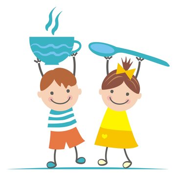 girl and boy with cup and spoon, conceptual vector illustration for canteen