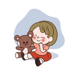 A happy cute little girl playing with teddy bear.vector cartoon character.