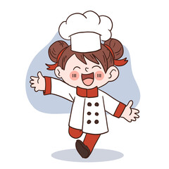 Happy smile little girl chef.kid cooking concept.Doodle hand drawn vector illustration.