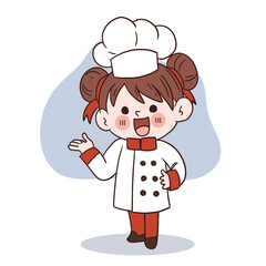 Happy smile little girl chef.kid cooking concept.Doodle hand drawn vector illustration.