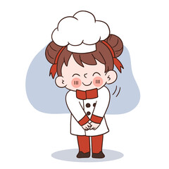 Happy smile little girl chef.kid cooking concept.Doodle hand drawn vector illustration.