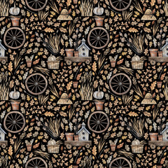 Watercolor rustic pattern with rural utensils, houses, herbs, pumpkins and autumn leaves. Rustic background for textiles, fabrics, paper.