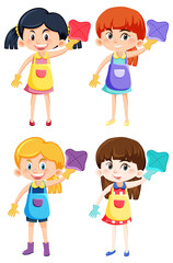 Set of different four girls in housekeeping outfits