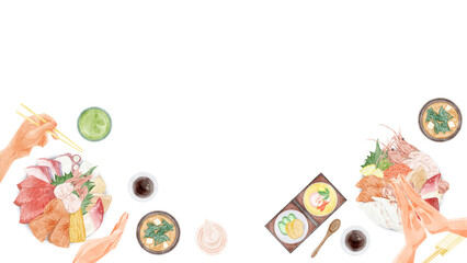 海鮮丼を食べる人たちの手書き水彩風イラスト