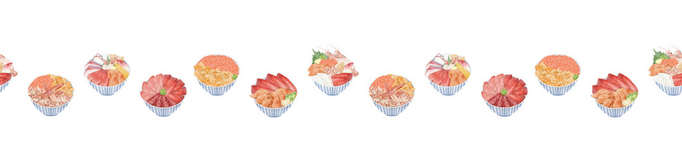 海鮮丼連続ラインパターン手書き水彩風イラスト