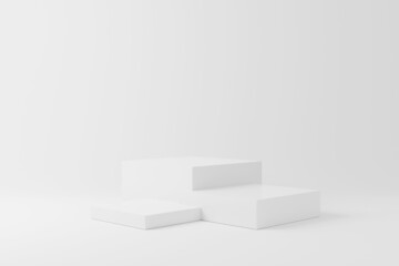 Abstract minimal scene with geometry podium in white studio lighting background. Product presentation showcase, Mock up stage, Cosmetic product display, Podium, stage pedestal. 3d rendering